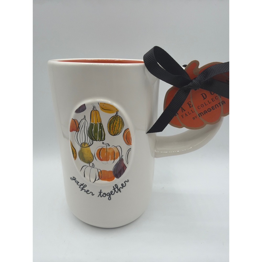 Rae Dunn GATHER TOGETHER Fall Mug Pumpkin Gourd Orange Interior NWT